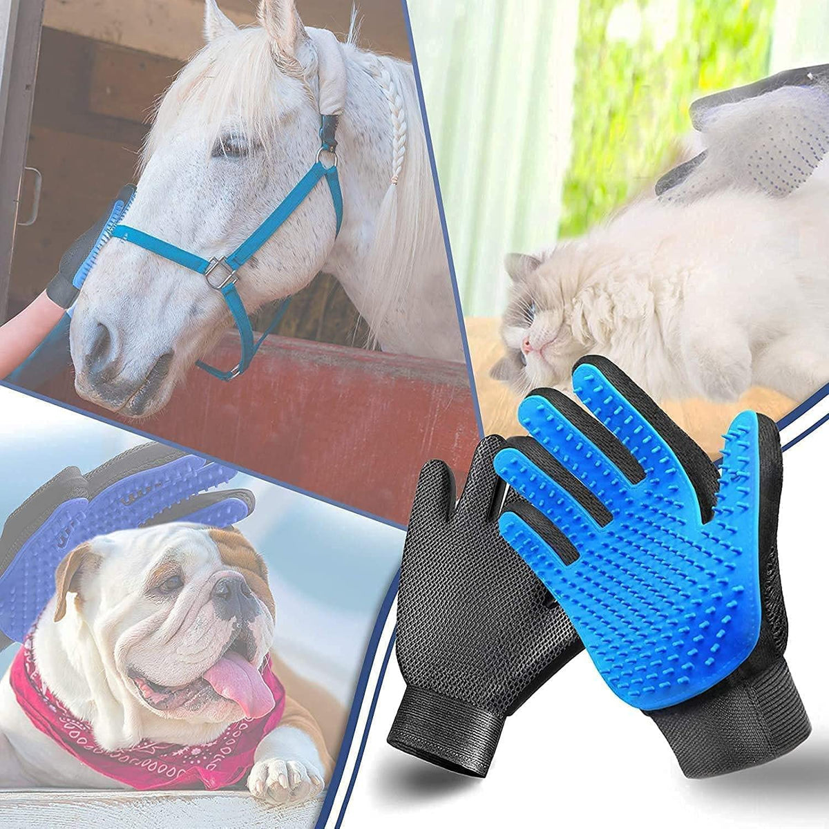 Pet Grooming Glove Hair Remover Brush Gentle Deshedding Efficient Pet Mitt Pet Massage Gloves Left & Right Hand Draw Dogs Cats Horses Long Short Fur (1Pair Left & Right Hand (Blue))