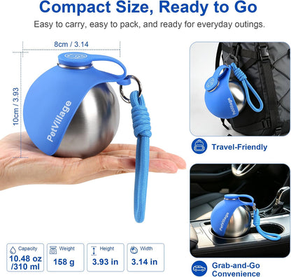2-in-1 Dog Water Bottle with Foldable Bowl, Portable Leak-Proof Pet Travel Water Dispenser, Stainless Steel Dog Hydration Bottle for Walking, Hiking, Small Dogs & Puppies, PawSip Blue 10oz