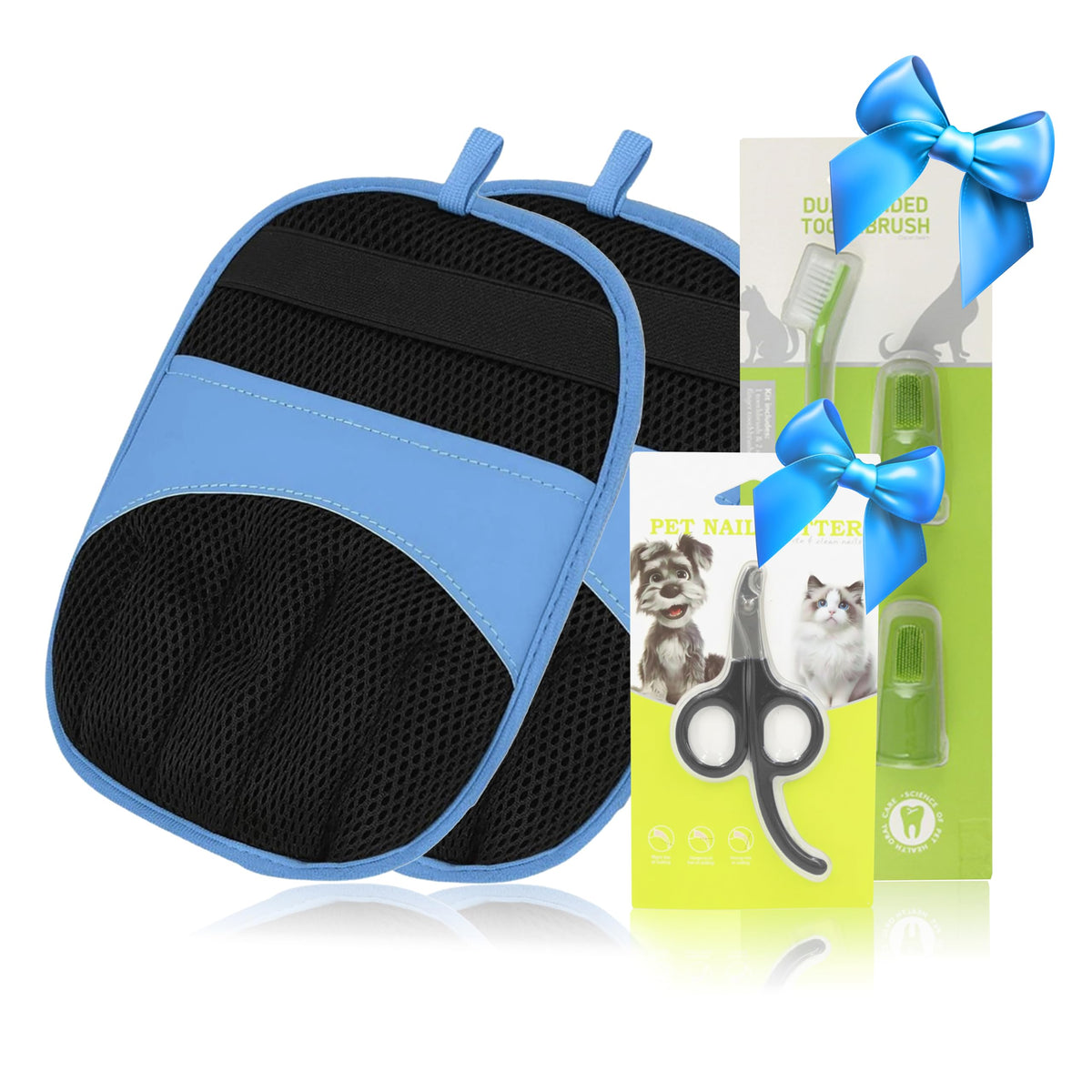 3-in-1 Pet Grooming Kit – Pet Deshedding Glove, 360° Silicone Finger Toothbrush, and Professional Dog Nail Clippers with File – Complete Grooming Set for Cats & Dogs with Short or Long Fur
