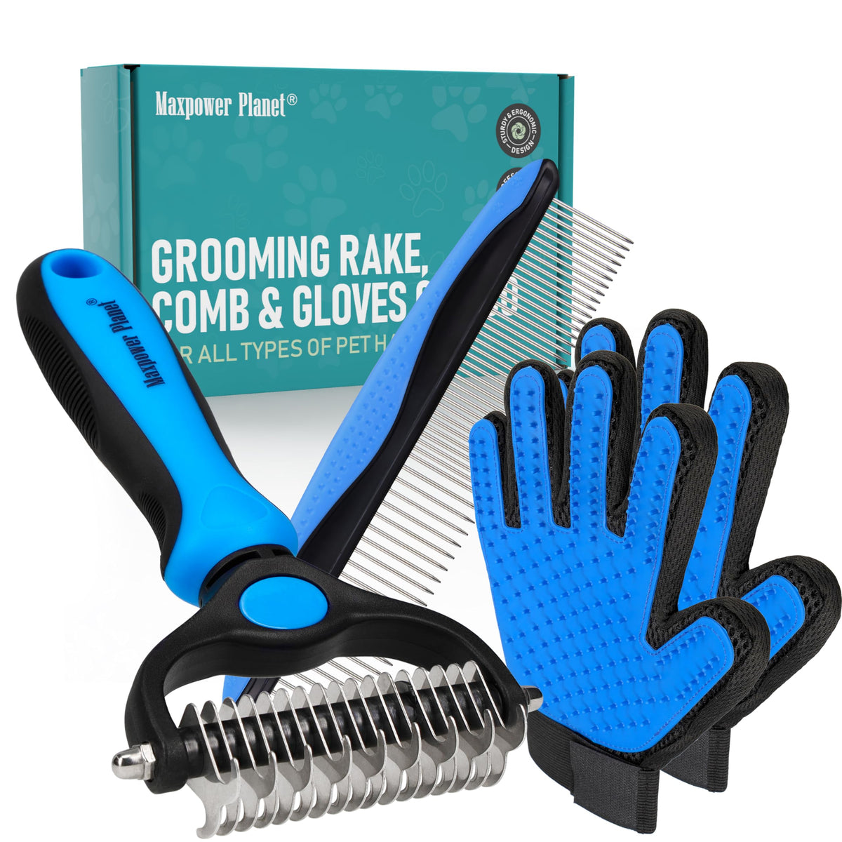 Maxpower Planet Pet Grooming Brush - Double-Sided Undercoat Rake for Dogs and Cats, Extra Wide, Reduces Shedding by 95%, White