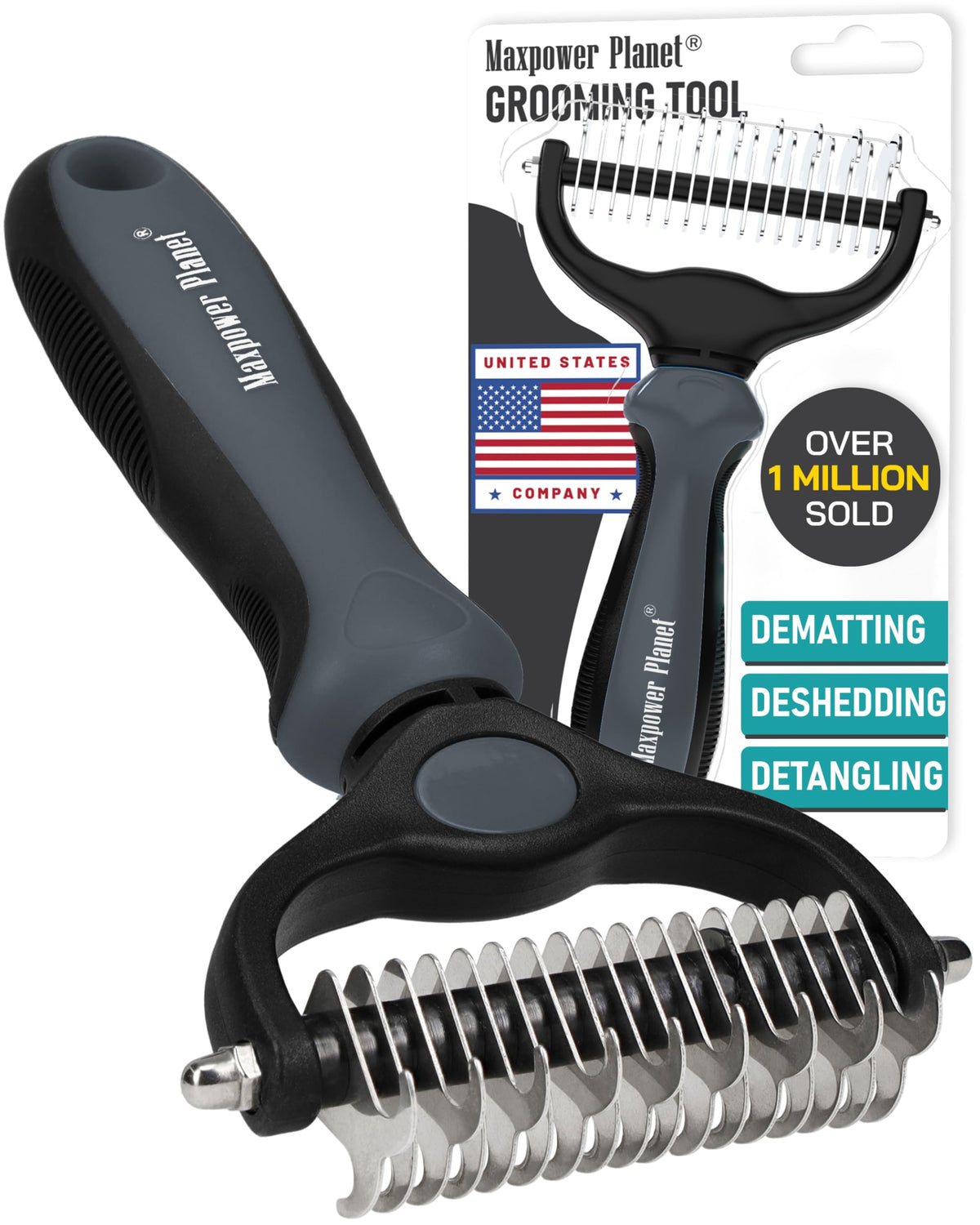 Maxpower Planet Hair Brush - Double Sided Shedding, Dematting Undercoat Rake for Dogs, Cats - Extra Wide Dog Grooming Brush, Pink