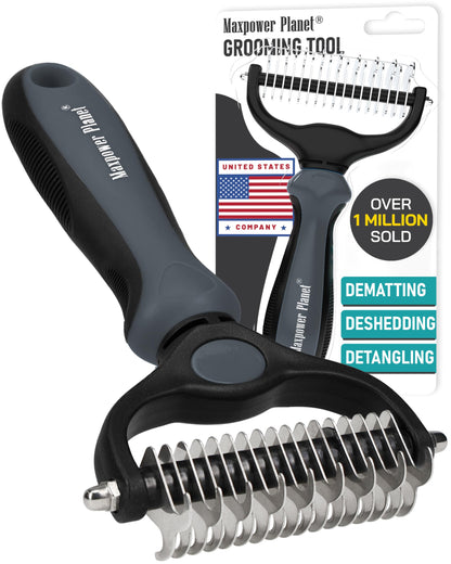 Maxpower Planet Pet Grooming Brush - Double Sided Shedding, Dematting Undercoat Rake for Dogs and Cats - Extra Wide Dog Grooming Brush - Yellow