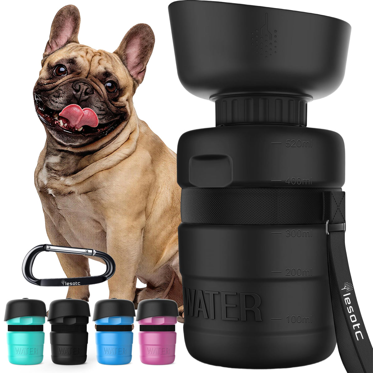 lesotc Dog Water Bottle, Portable Water Dispenser with Bowl, Leak Proof Pet Travel Squeeze Bottle, Puppy Essentials Dog Stuff Accessories for Outdoor Walking, Hiking, Camping