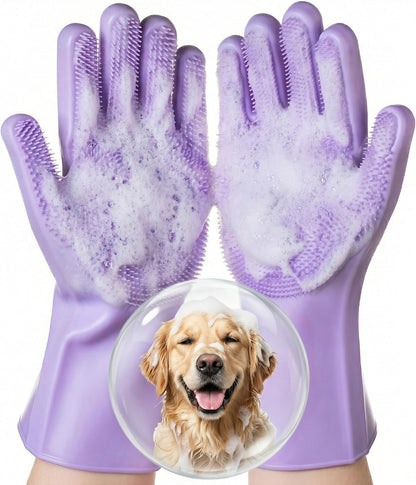 Silicone Pet Grooming Gloves Dog Washing Gloves for Bathing, 1 Pair Purple