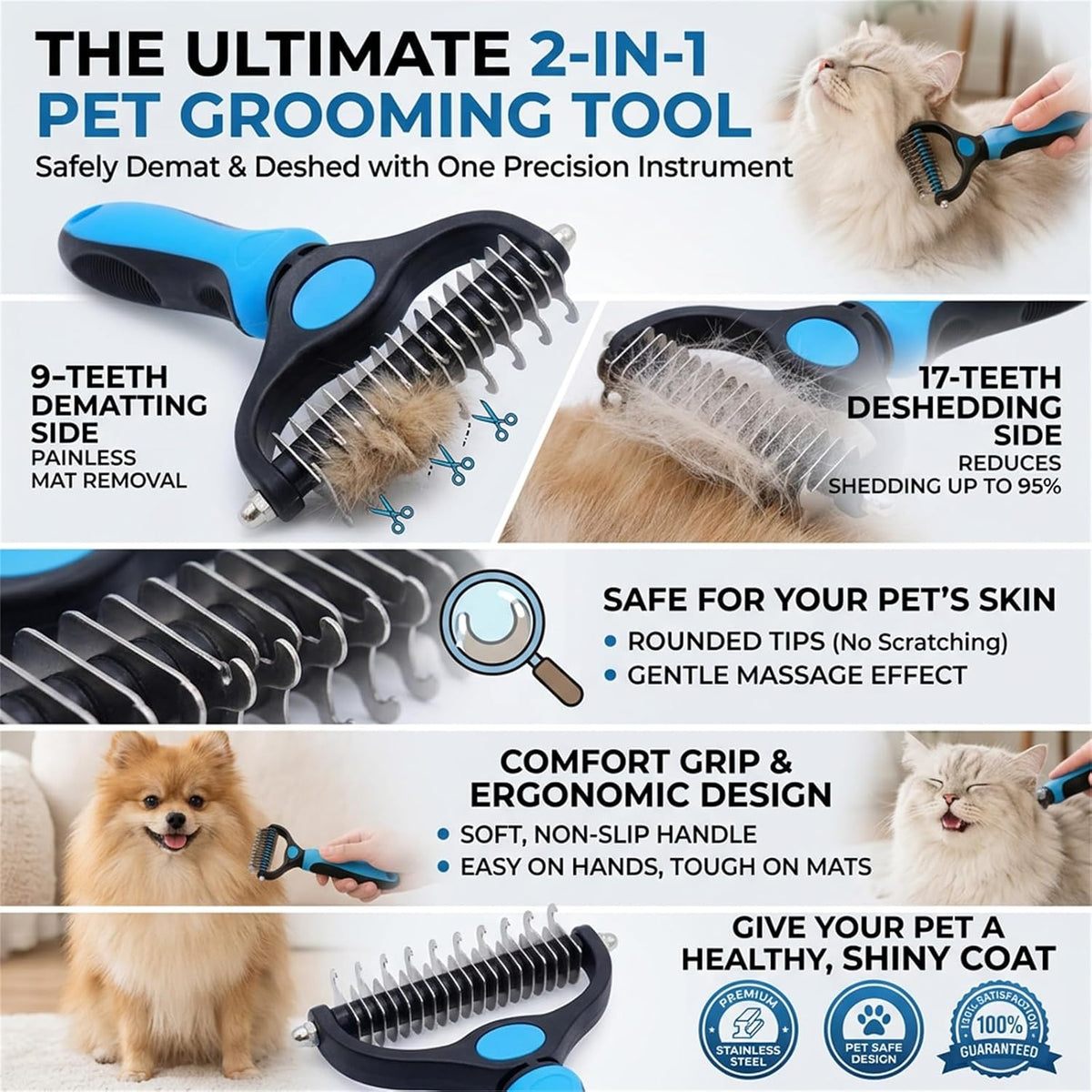 Pet Pro 2-in-1 Double-Sided Pet Grooming Tool, Pet Hair Remover
