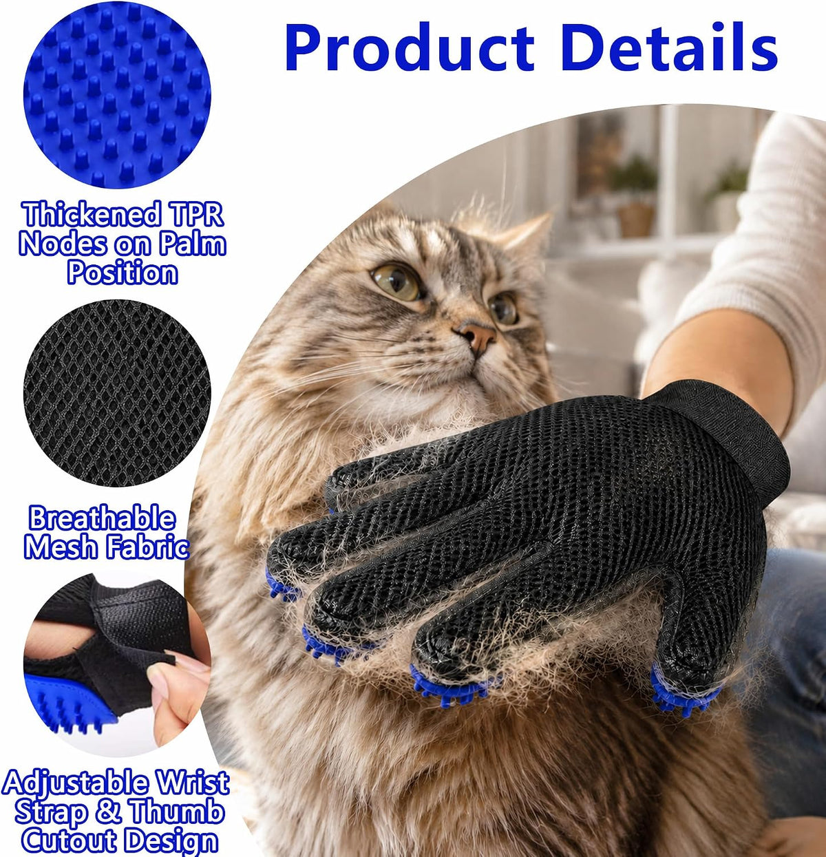 Pet Hair Removal Glove with Silicone Tips for Cat&Dog,1Pair,Blue