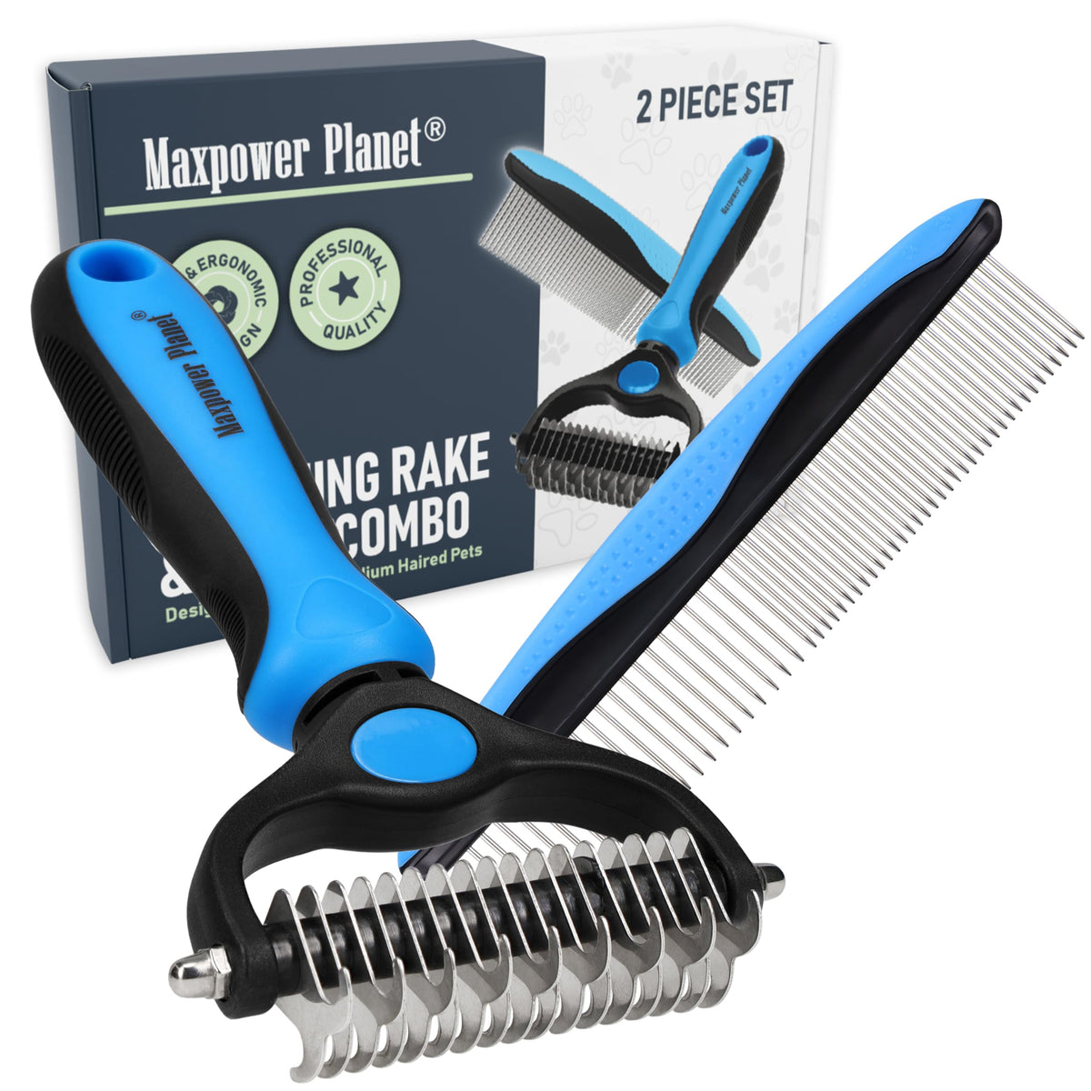 Maxpower Planet Pet Grooming Brush - Double Sided Shedding, Dematting Undercoat Rake for Dogs and Cats - Extra Wide Dog Grooming Brush - Yellow