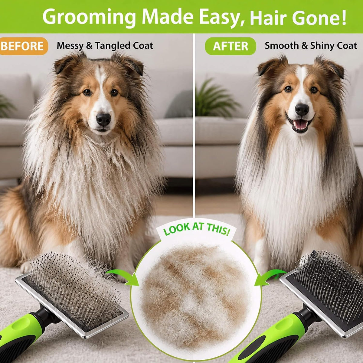 Slicker Brushes for Dogs & Cats, Pain‑Free Pet Grooming Brush with Angled Ball‑Tipped Pins, Removes Mats, Tangles & Loose Fur for Medium to Long‑Haired Pets