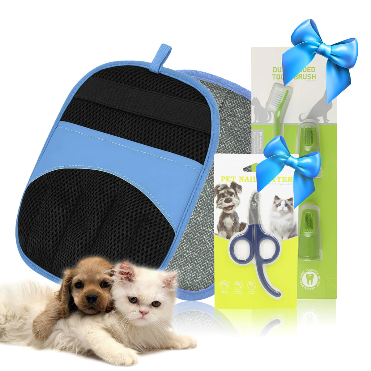 3-in-1 Pet Grooming Kit – Pet Deshedding Glove, 360° Silicone Finger Toothbrush, and Professional Dog Nail Clippers with File – Complete Grooming Set for Cats & Dogs with Short or Long Fur