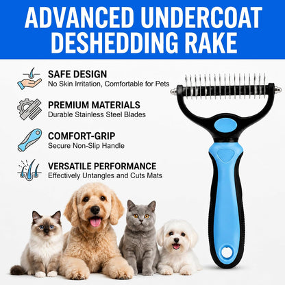 2-in-1 Double-Sided Pet Grooming Comb for Dogs & Cats - Deshedding Brush & Rounded-Tooth Dematting Tool | Painlessly Removes Knots, Tangles, Loose Undercoat & Fur in Thick/Long Coats (Blue-Large)