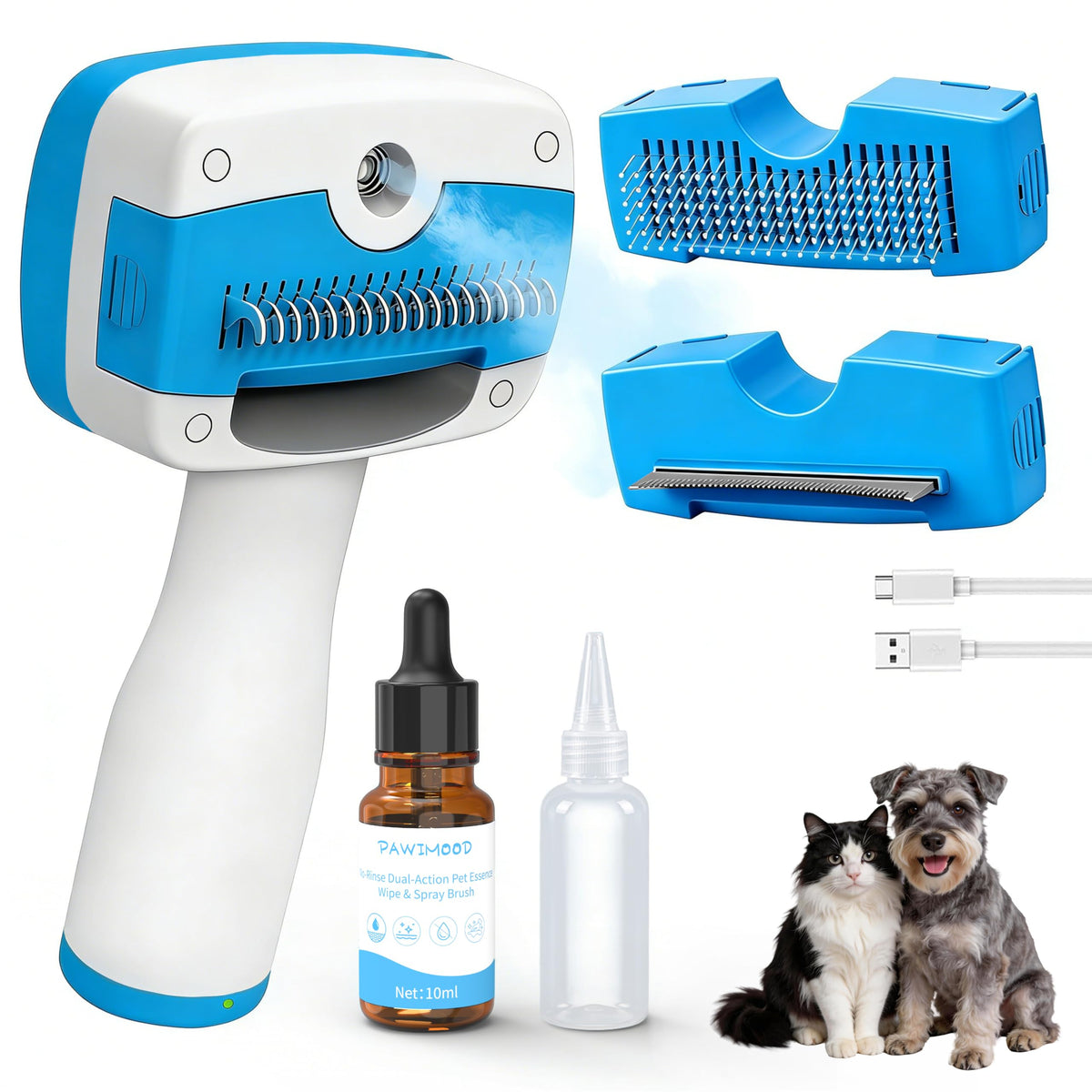 Pet Steam Brush for Dogs,Self-Cleaning,3 Swap-in Heads,Spray Hair Remover