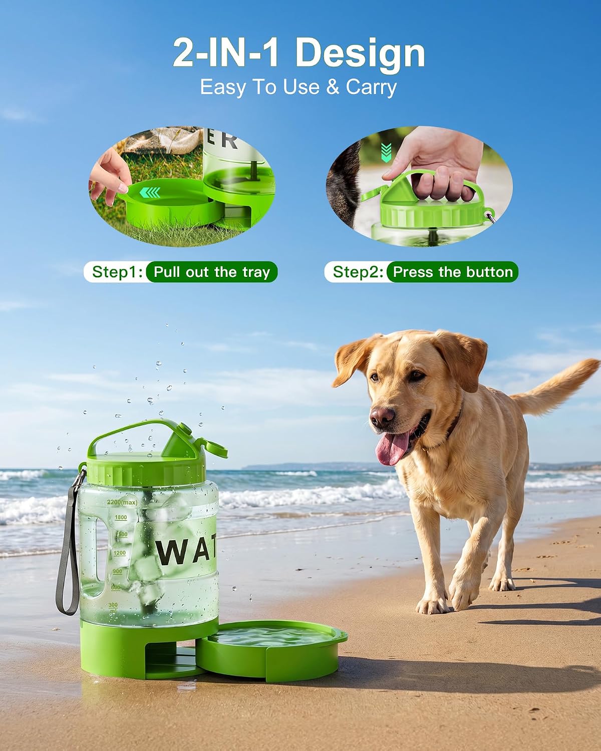 77 oz Portable Dog Water Bottle, 2.2L Dog Travel Water Dispenser Olive Green