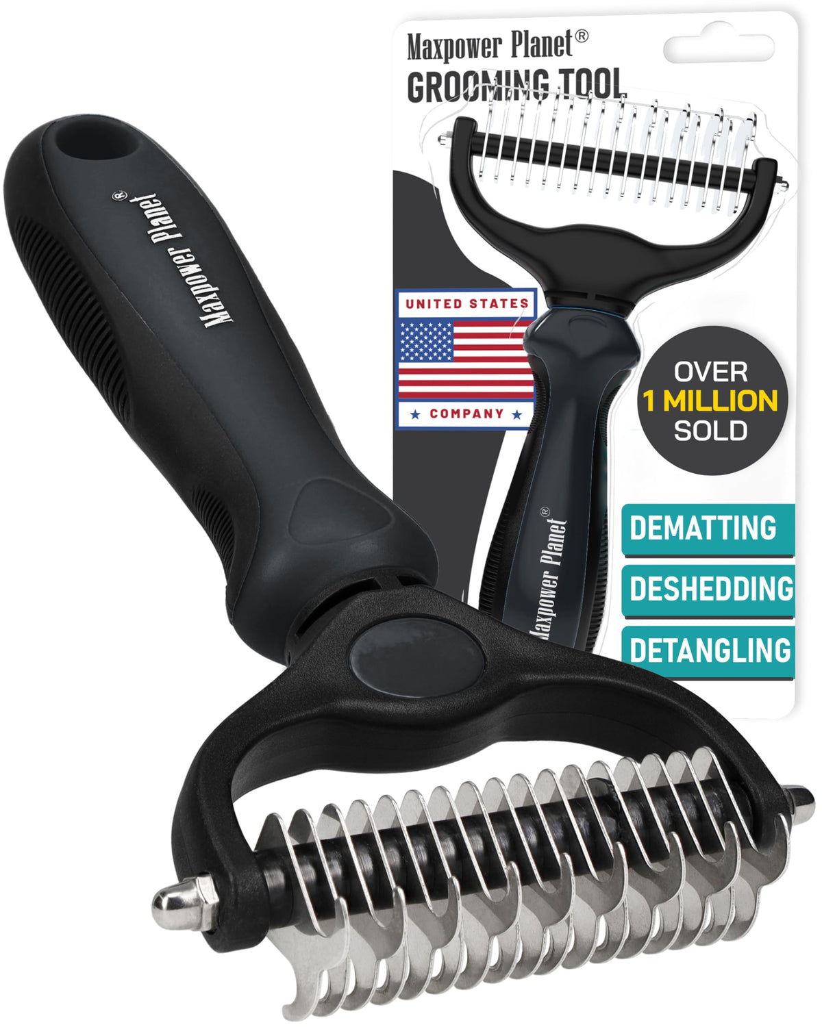 Maxpower Planet Pet Grooming Brush - Double-Sided Undercoat Rake for Dogs and Cats, Extra Wide, Reduces Shedding by 95%, White