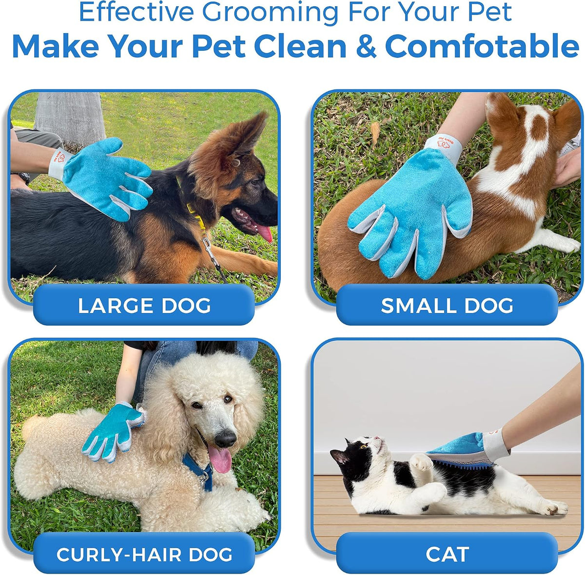Pet Grooming Glove, 2 in 1 Glove with De-Shedding and Hair Remover for Cat & Dog, No More Shedding and Flying Hairs (Blue)