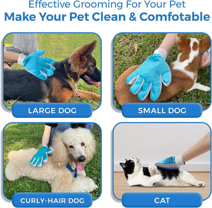 Pet Grooming Glove, 2 in 1 Glove with De-Shedding and Hair Remover for Cat & Dog, No More Shedding and Flying Hairs (Blue)
