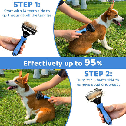 Dog Deshedding Brush & Grooming Glove Kit, Double-Sided 22 87 Teeth Undercoat Rake & Dematting Comb for Dog Cat Grooming Tools for Loose Fur, Short to Long Hair Reduces Shedding, Blue Small