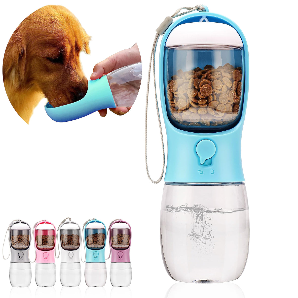 Dog Water Bottle with Food Container, Portable Leak Proof Pet Water Dispenser for Walking Hiking Travel, Puppy Essentials Accessories for Small Large Dogs, Dog Gifts (10oz/15oz/19oz)