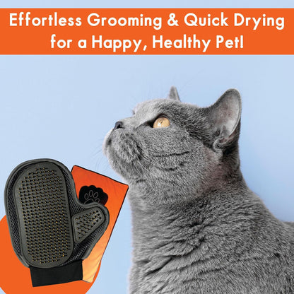 Pet Grooming Mitt and Towel Set - Deshedding Glove for Dogs and Cats - Massage and Remove Pet Hair - Ideal for Small to Medium Dogs and Cats